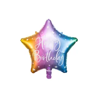 PartyDeco Balonek fóliový Happy Birthday hvězda barevná 40 cm