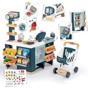 Smoby Obchod elektronický smíšené zboží s chladničkou Maxi Market s pokladnou váhou skenerem a 50 doplňků 90 cm výška
