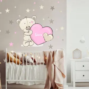 Produkt INSPIO samolepka do dívčiho pokoje - Medvídek se jménem a srdíčkem